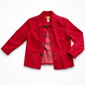 Ruby Rd Womens Red Denim Jacket Size 12 Peplum Pleated Hem Stretch
